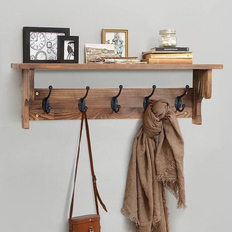 Rustic Wall Mounted Coat Rack with Storage Shelf & Metal Hooks