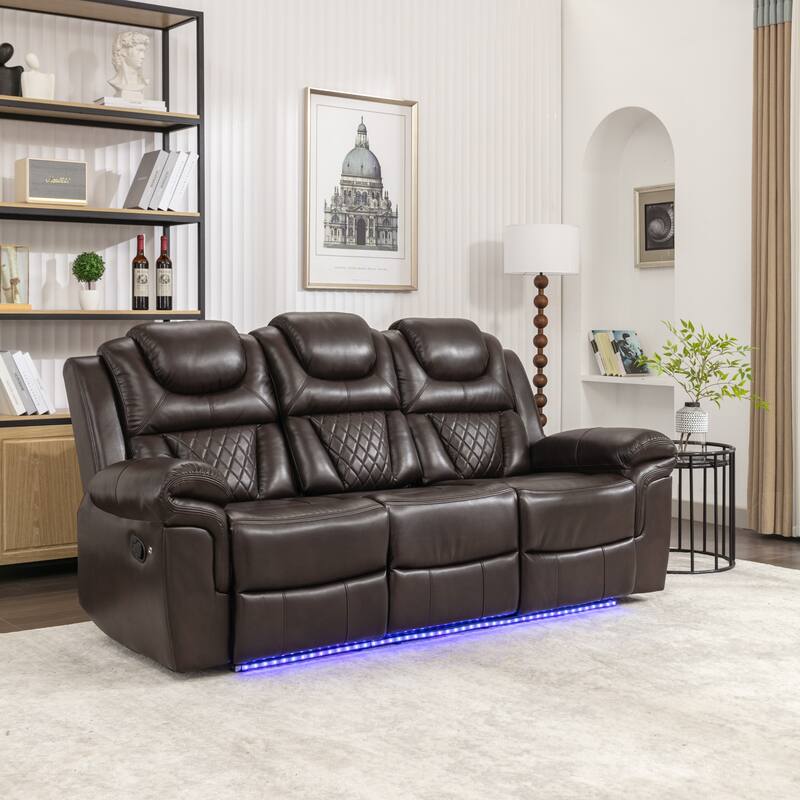 Home Theater Seating Manual Recliner Chair with Center Console and LED Light Strip for Living Room, Black - Brown