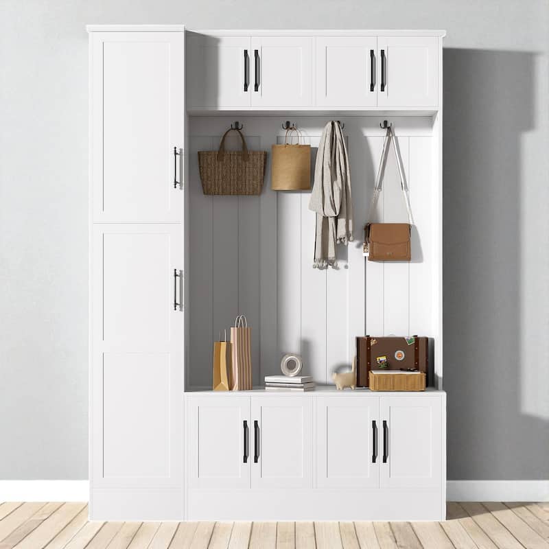 79" Modern Hall Tree with Bench, 6 Cabinets, Adjustable Shelf & 4 Hooks, Entryway Storage Organizer for Shoes and Coats - White