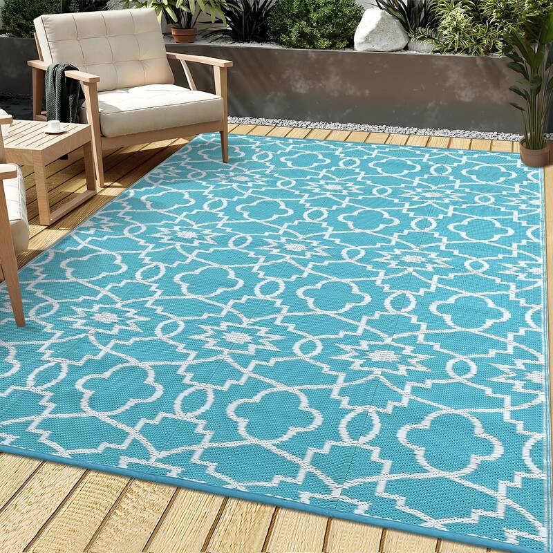 Outdoor Plastic Straw Rug Geometric Waterproof Reversible Area Rug for Patio Backyard Picnic Camp Beach