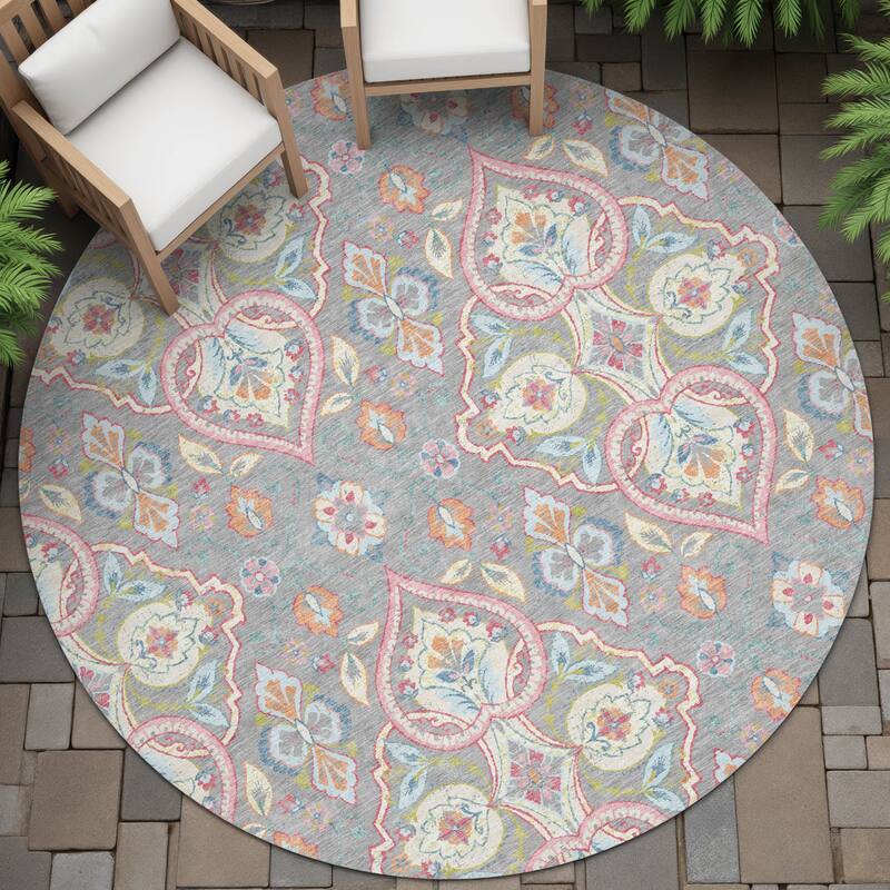 Machine Washable Indoor/Outdoor Traditional Spades Chantille Rug - Gray - 8' x 8'