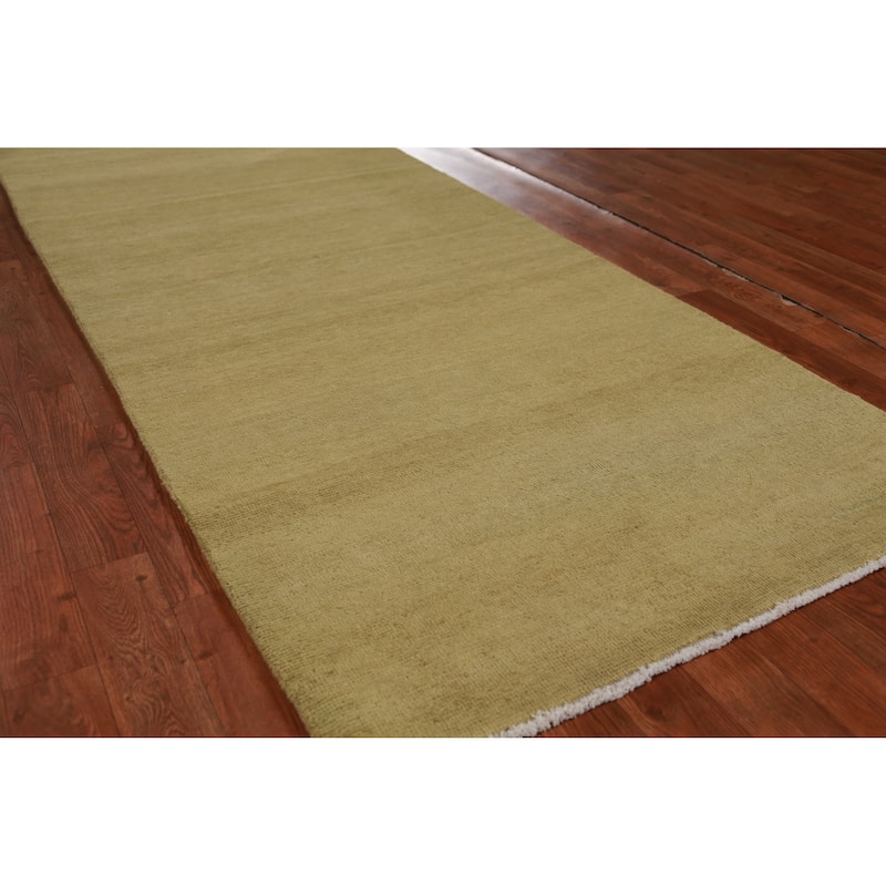 Hand Knotted Oriental 100% Wool Carpet Modern Solid Green Gabbeh Runner Rug - 9' 4'' X 3' 2''