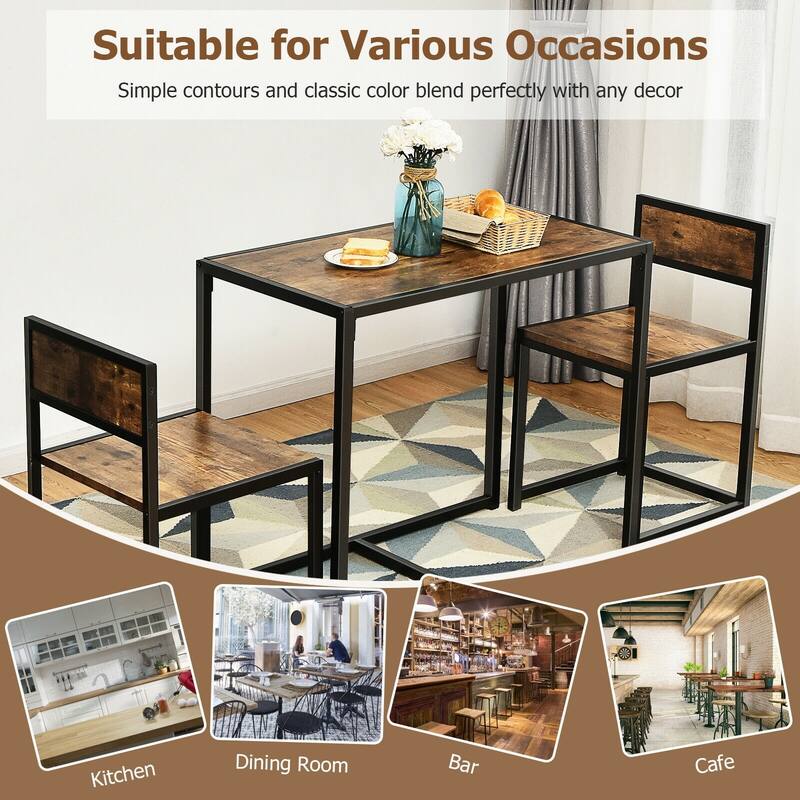 3 Pcs Dining Set Compact Table and 2 Chair with Metal Frame for for Small Space-Coffee