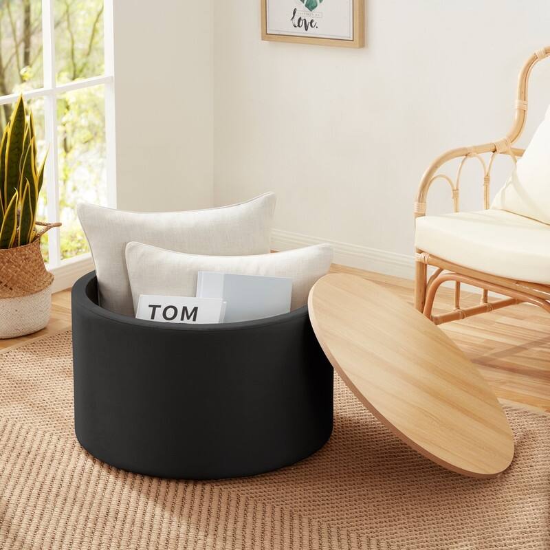 Parker Large Round Storage Coffee Table Ottoman with Wooden Lift Off Lid