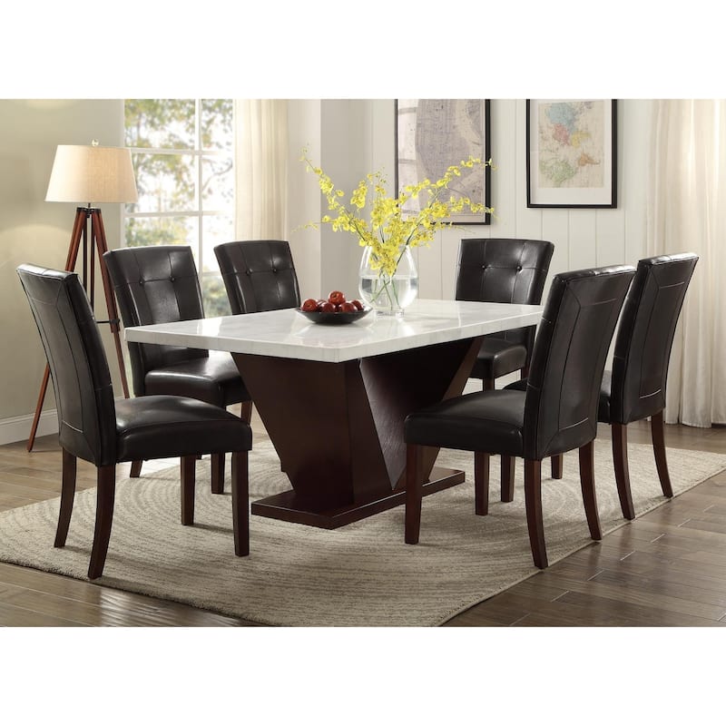 64" White And Dark Brown Marble And Solid Manufactured Wood Pedestal Base Dining Table