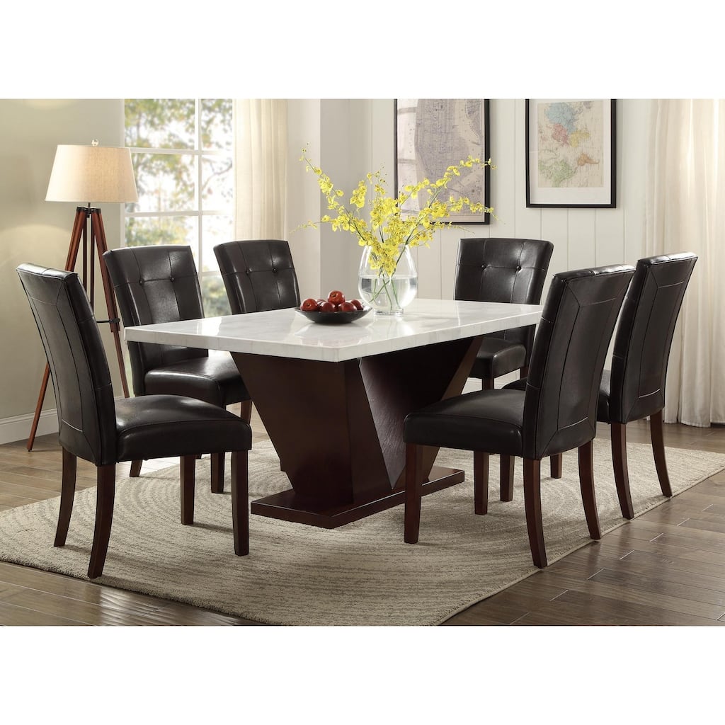 64" White And Dark Brown Marble And Solid Manufactured Wood Pedestal Base Dining Table
