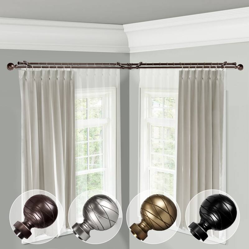 Corner Window Curtain Rod Double Rod Set, Satin Nickel Adjustable Length - M