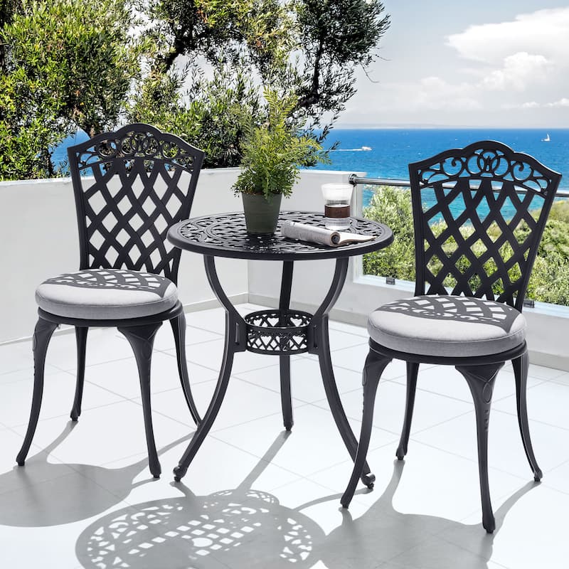 Patio 3-Piece Cast Aluminum Bistro Set with Cushions, Umbrella Hole