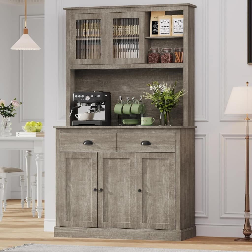 Freestanding Kitchen Pantry Cabinet with Drawers and Adjustable Shelves for Dining Room
