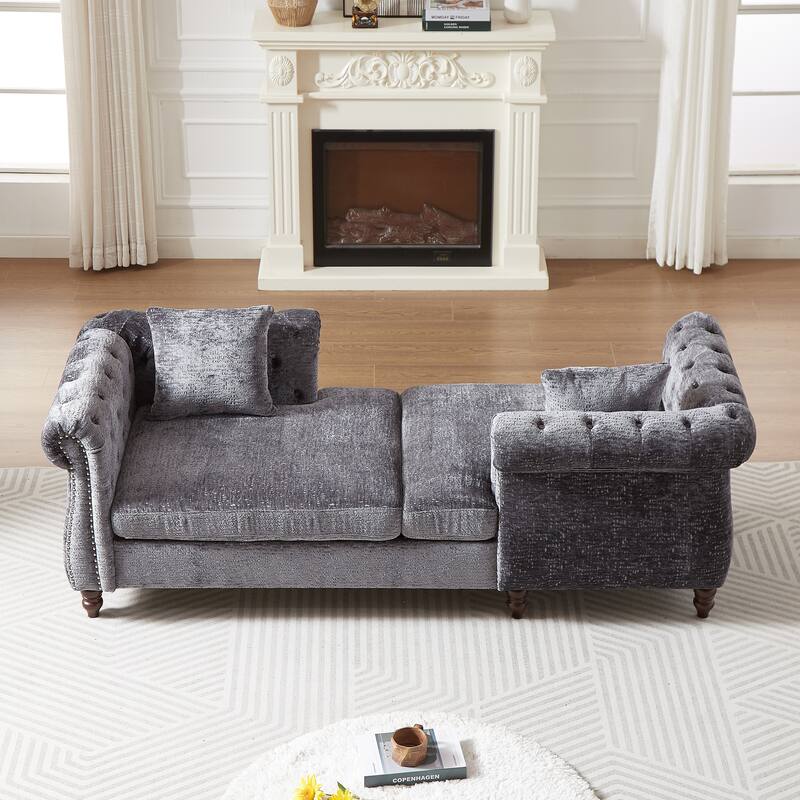 81-inch Chenille Face-to-face Chaise Lounge with Two Pillows,Nailhead trim,Button Tufted Design and Rolled Arms