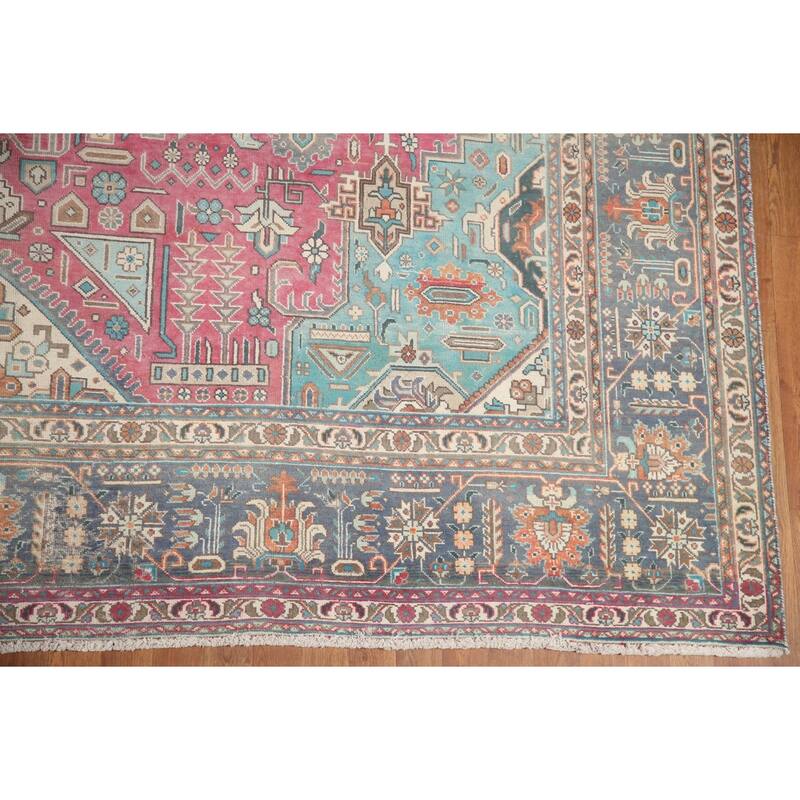 Hand Knotted Oriental 100% Wool Carpet Traditional Medallion Pink Tabriz Area Rug - 13' 0'' X 9' 6''