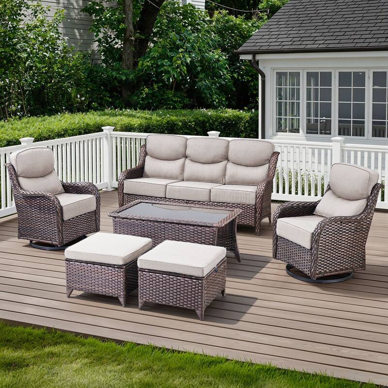 Arcadia 6-Piece Wicker Patio Conversation Set with Swivel Gliders and 6-Inch Thick Olefin Cushions