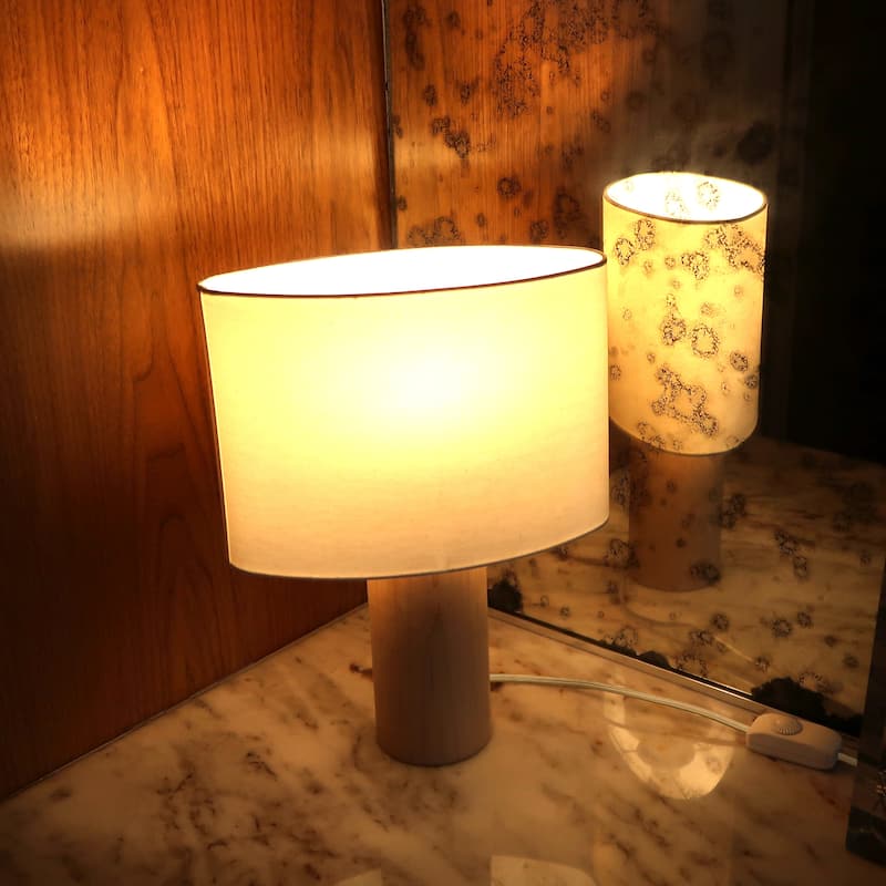Brightech Mia 15.55 in. Polished Natural Wood Midcentury LED Standing Bedside Desk Table Lamp with Beige Cotton Drum Shade