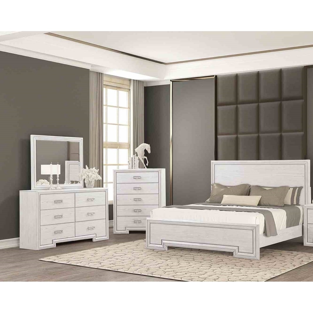 Transitional Rustic White Finish Bed Chest Dresser Mirror 4pc Bedroom Set