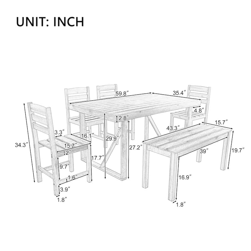 6 Piece Patio Furniture Set, Acacia Wood Outdoor Dining Table and Chairs Set with Rectangular Table, 4 Chairs and Bench