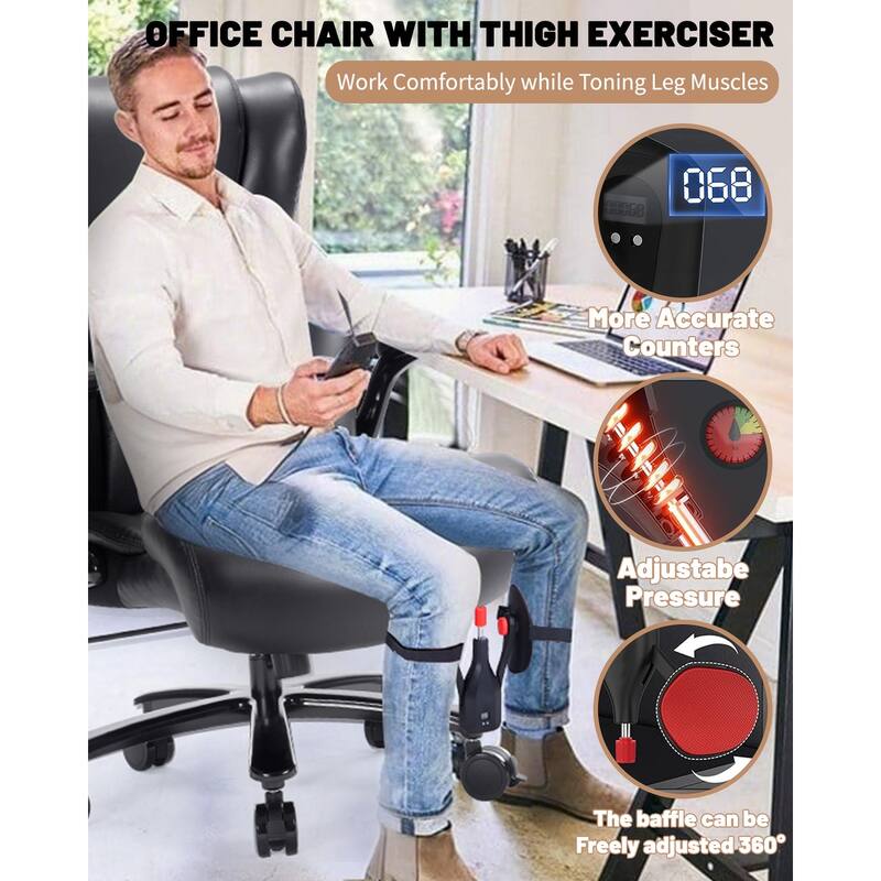Large High Back Office Chair Extra Wide Seat Computer Chair with Thigh Exerciser Lumbar Support and Metal Base, for Office