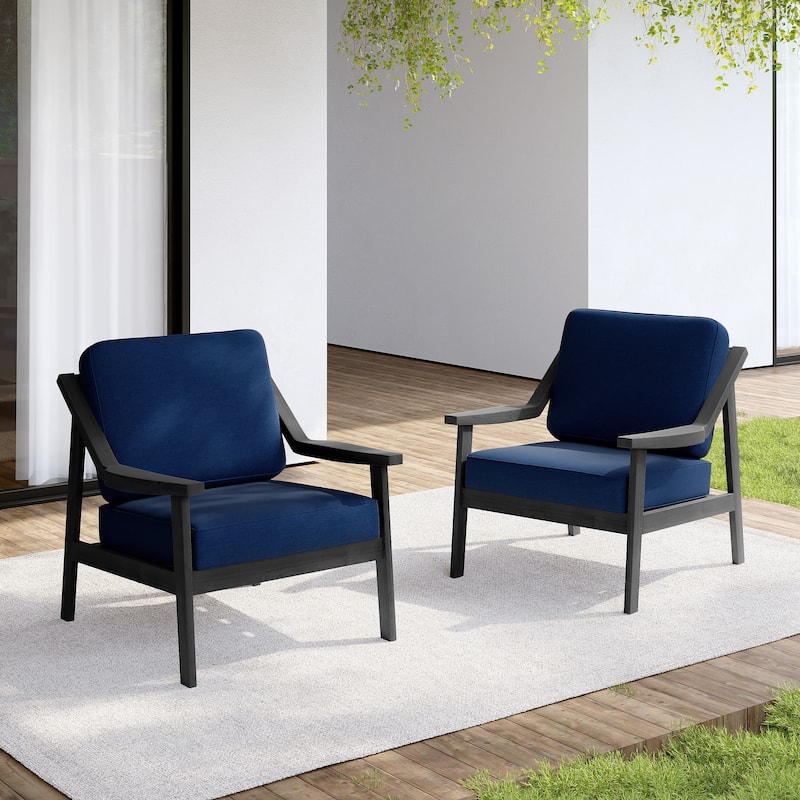 Set of 2 Outdoor Teak Wood Patio Chair with Cushion - Dark Wood - Navy