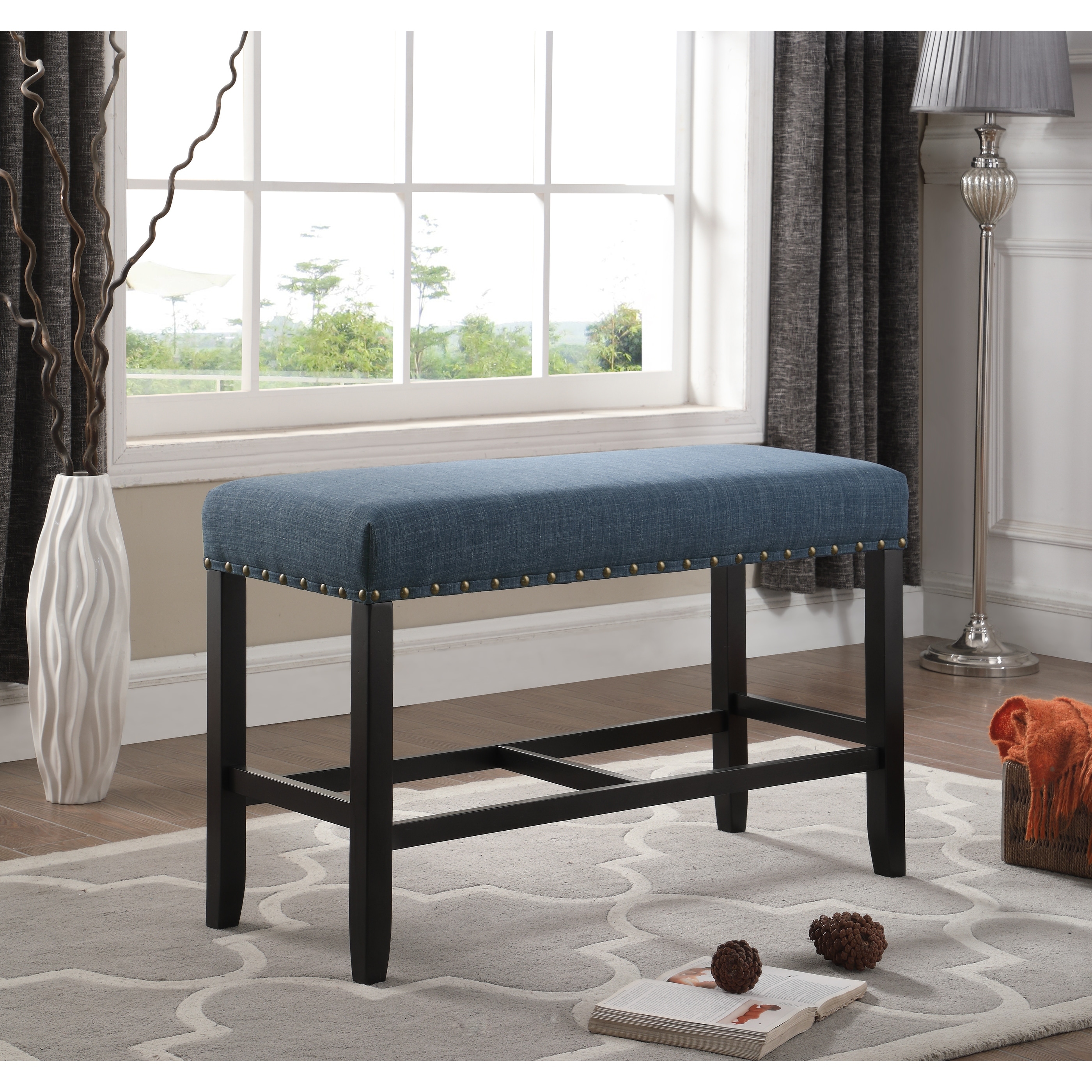 Biony Fabric Counter Height Dining Bench with Nailhead Trim Blue