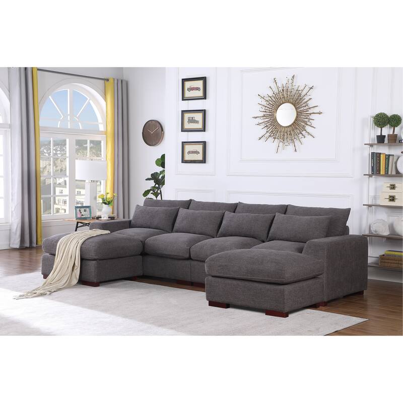 Linen Blend Sectional Sofa with 2 Ottomans, Dark Gray - Multi-Color