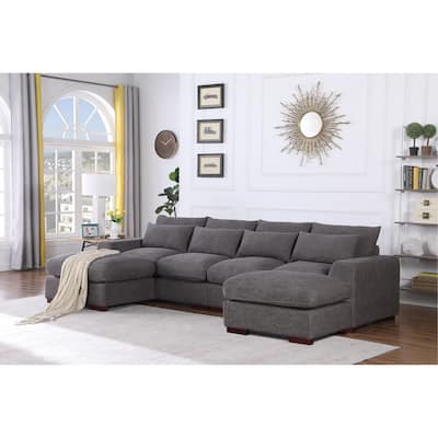 Linen Blend Sectional Sofa with 2 Ottomans, Dark Gray