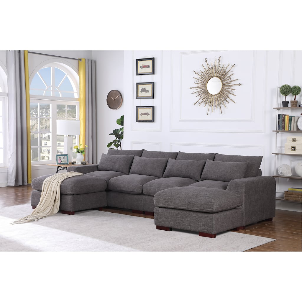 Linen Blend Sectional Sofa with 2 Ottomans, Dark Gray