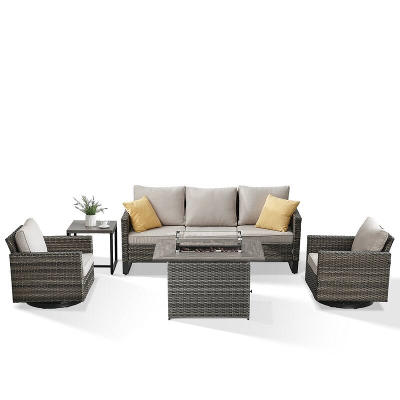 Outdoor Sofa Glider Chairs & Fire Table Grey-Beige - Grey