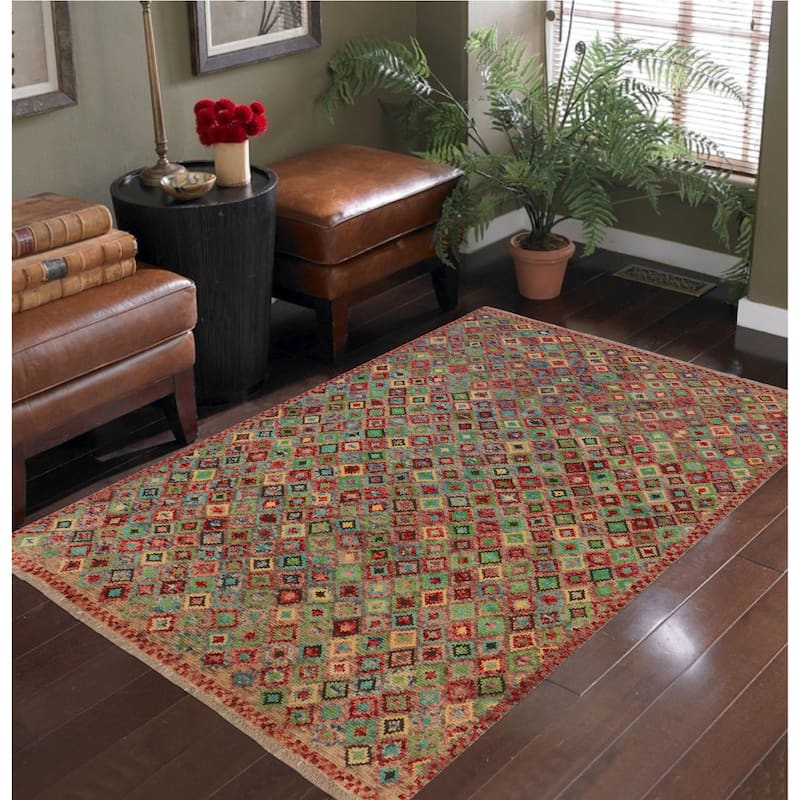 Modern Balochi Ponce Brown/Red Hand Knotted Wool Rug - 4'0'' x 5'9''
