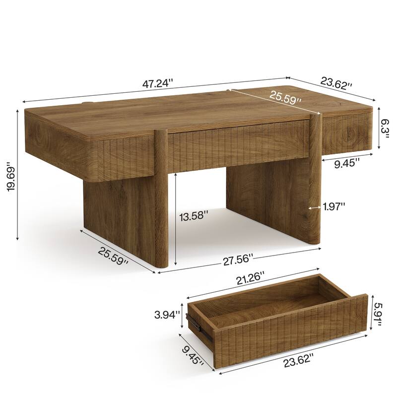 47.24" Rectangular Wood Coffee Table With 2 Storage Drawers For Living Room