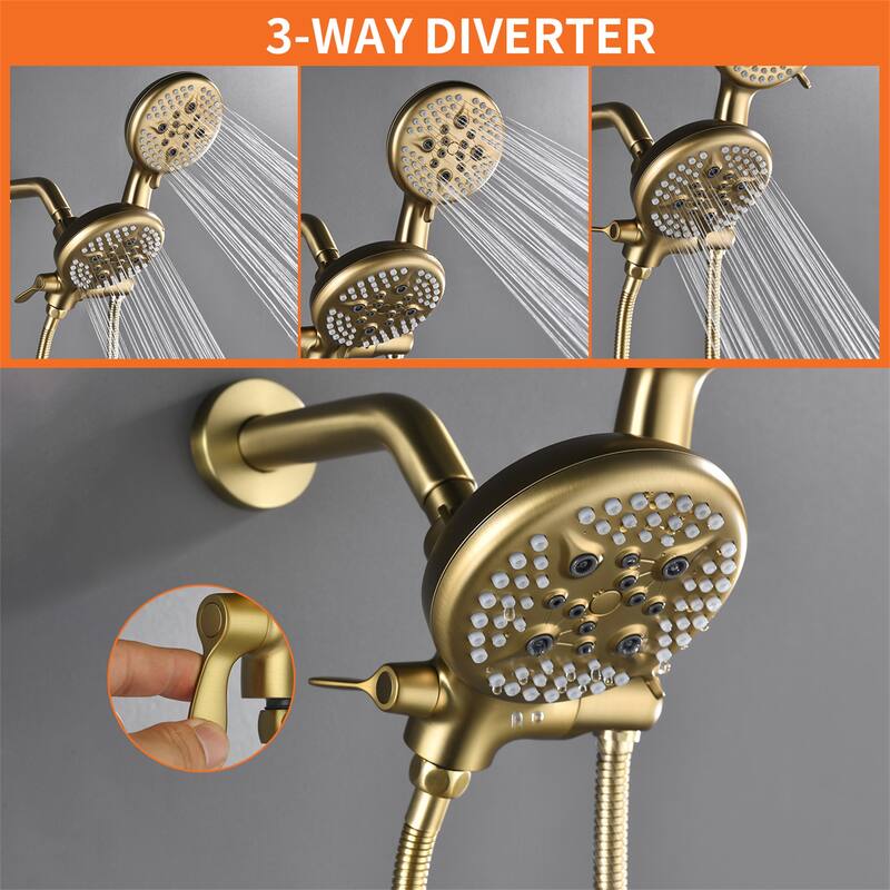 Wall Mounted Dual Head Shower Faucet with Tub Spout, Complete Pressure Balance Brushed Gold Tub Shower System Wth Hand Shower