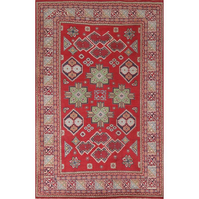 Hand Knotted Oriental 100% Wool Carpet Traditional Geometric Red Kazak Area Rug - 10' 5'' X 6' 6''