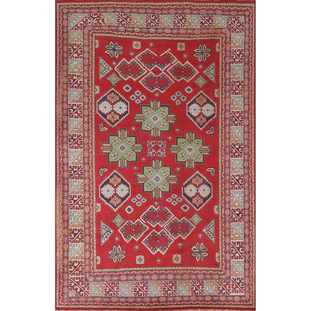 Hand Knotted Oriental 100% Wool Carpet Traditional Geometric Red Kazak Area Rug - 10' 5'' X 6' 6''