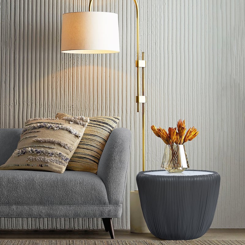 15.8" H Pleated Leather And Marble Tabletop Drum Round Side Table - Grey