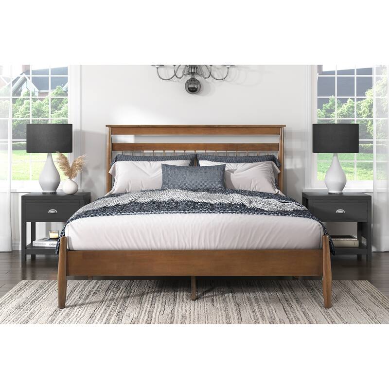 Queen Platform Bed with Chestnut Finish Wood Frame - Transitional Design, Bed in a Box