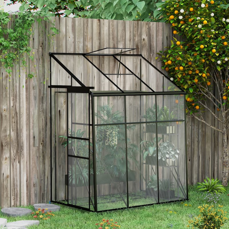 Outsunny 6' x 4' Lean-to Polycarbonate Greenhouse, Walk-in Hobby Green House with Sliding Door, 5-Level Roof Vent, Rain Gutter - Aluminum/Plastic
