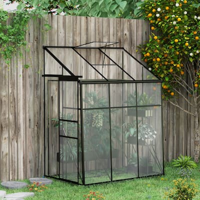 Outsunny 6' x 4' Lean-to Polycarbonate Greenhouse, Walk-in Hobby Green House with Sliding Door, 5-Level Roof Vent, Rain Gutter