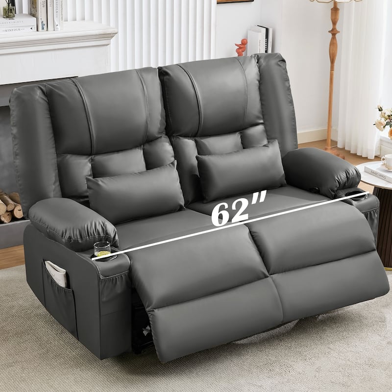 Manual Recliner Loveseat with Massage & Heating, Cup Holders & Side Pocket for Living Room