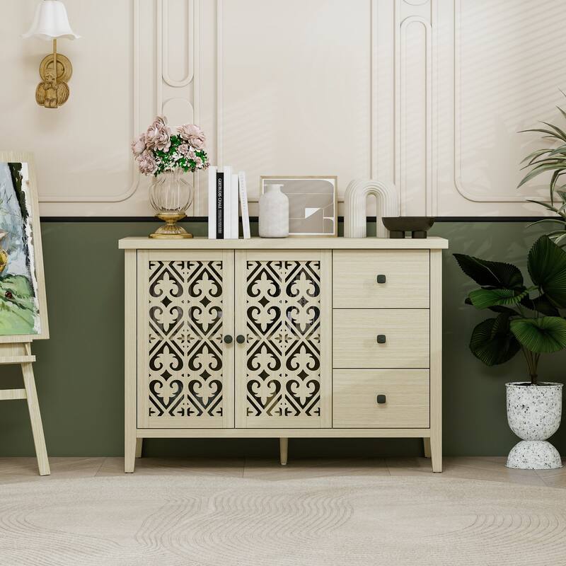 Roomfitters Hollow Carved Sideboard Buffet Cabinet with 2 Doors and 3 Drawers, Natural
