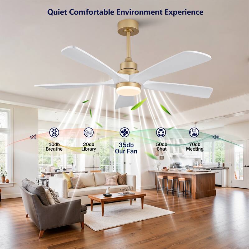 52" Ceiling Fans With Lights and Remote Control, Dimmable LED, 5 Solid Wood Blades,for Bedroom, Living Room - 52 Inches