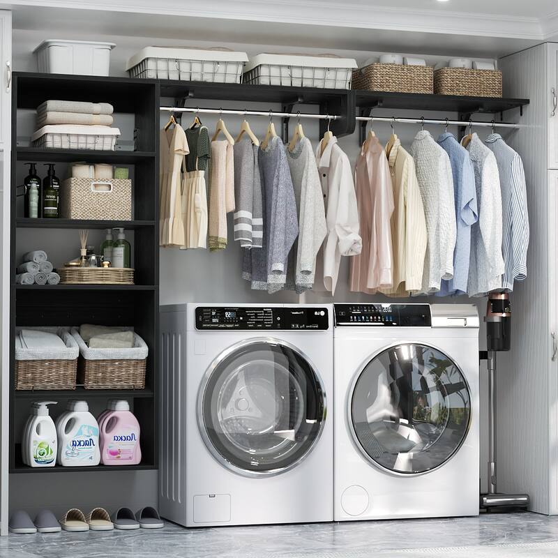 Cimly Over Washer and Dryer Storage Organizer, 8FT Wall Mounted Laundry Room Closet System with Hanging Rods - Black