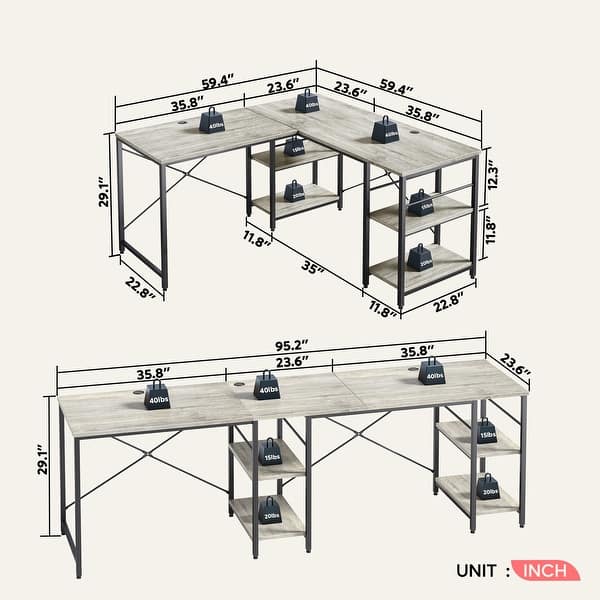 dimension image slide 8 of 9, 95.2 Inch L Shaped Desk with Shelves Home Office Computer Desk