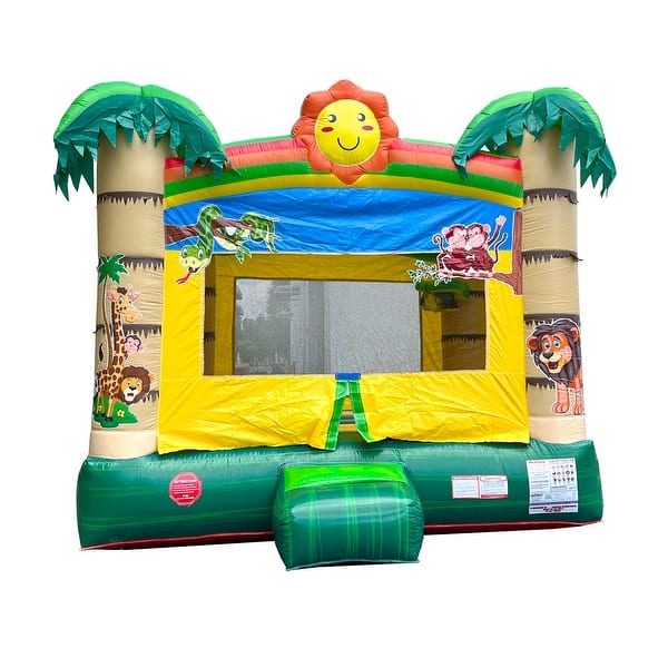 slide 2 of 5, Pogo Bounce House Crossover Kids Inflatable Bounce House with Blower, Tropical Jungle Smiley Face