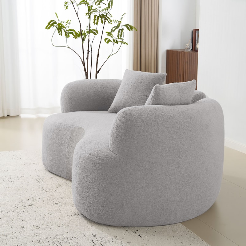 66.93 Inch Curved Loveseat Grey Full Compression Sponge Sofa, Teddy Velvet Fabric, No-Assembly Compact Sofa