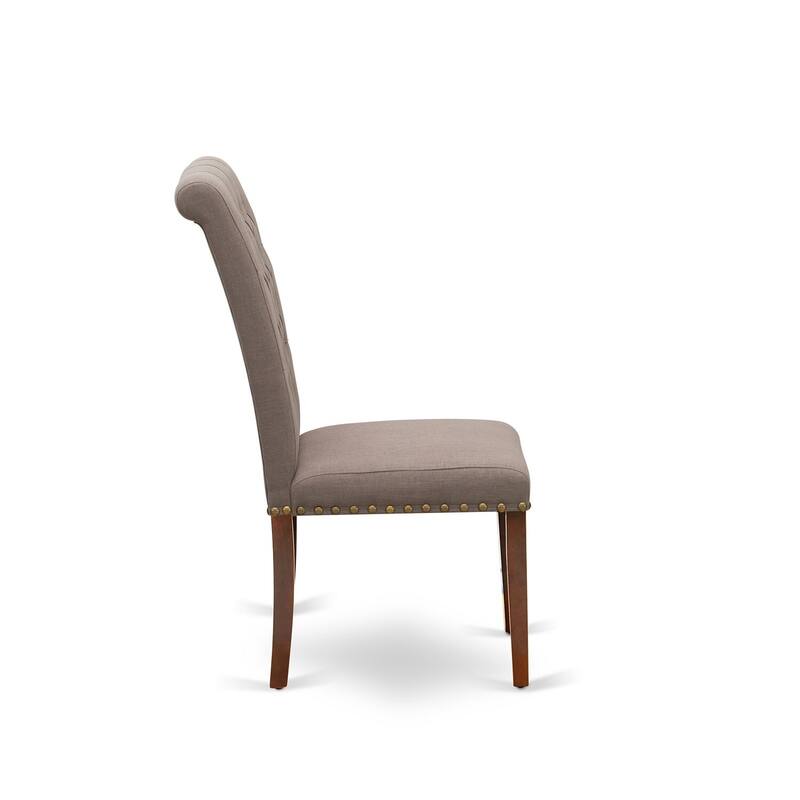 Parson Dining Chairs Set of 2 - Linen Fabric Button Tufted Padded Kitchen Chairs Mahogany Finish
