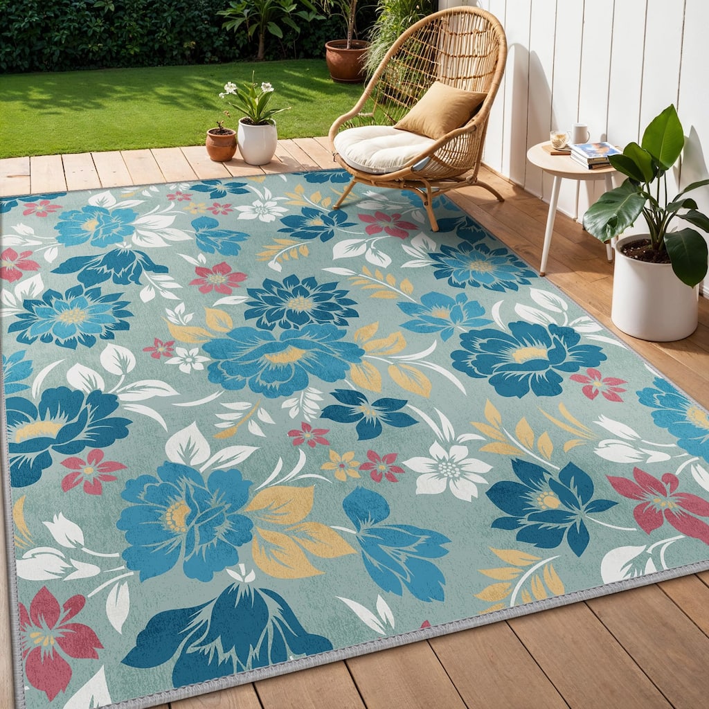 Mcow Neutral Multi Classic Floral Low-Pile Washable Indoor/Outdoor Area Rug