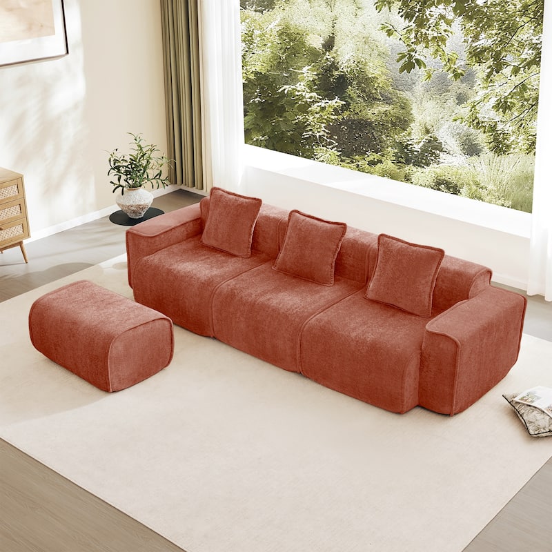 GDFStudio - Streamlined Velvet 3-Seater 108.66" L-Shaped Modular Boneless Sofa with Ottoman - Red