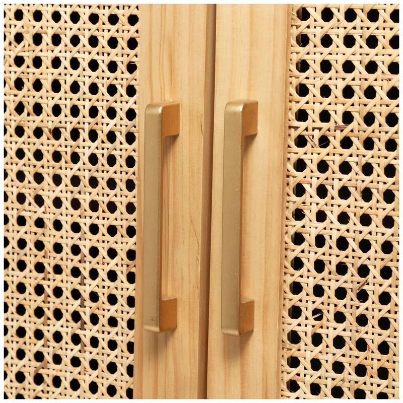 Wood 2 Door Cabinet with Beige Rattan Doors and Gold Handles - Light Brown or or Black - Roche River Decor
