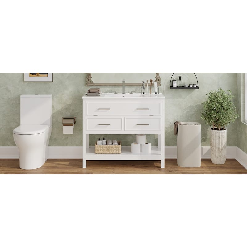 36" Bathroom Vanity with Ceramic Sink, Bathroom Vanity with Tip-Out Tray and 2 Full-Extension Drawers