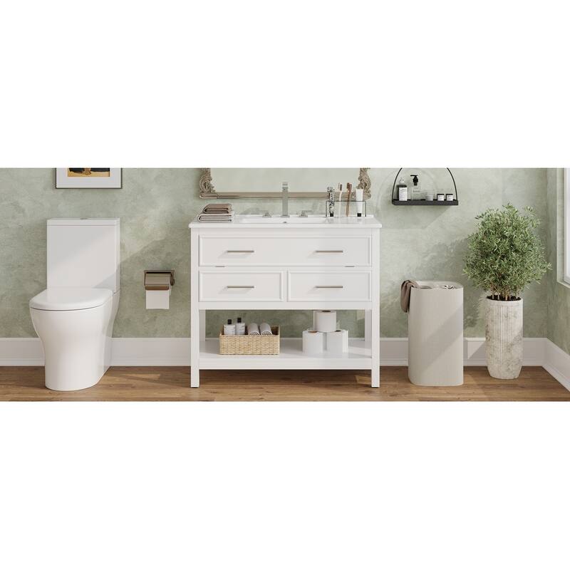 Bathroom Vanity with Sink, Multi-Functional Wood Bathroom Cabinet, Vanities Set with Open Shelf, Tip-Out Tray & 2 Drawers