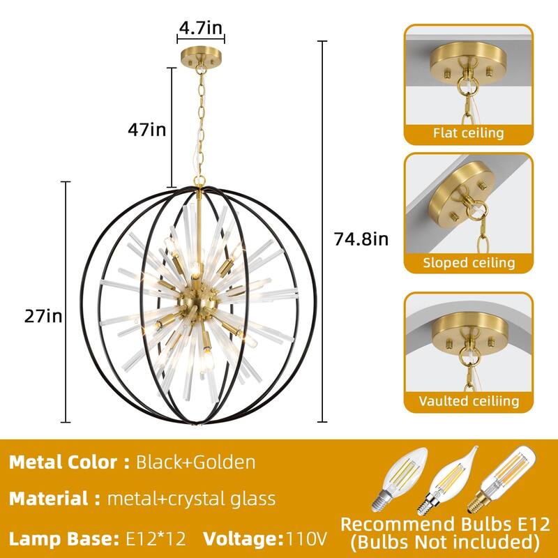 Modern Chandelier 27" 10-light Black and Gold Orb