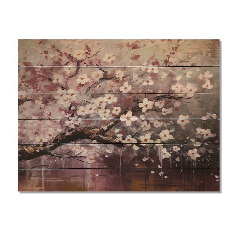 Designart "Pink Grey Dogwood Elegance II" Floral Print on Natural Pine Wood